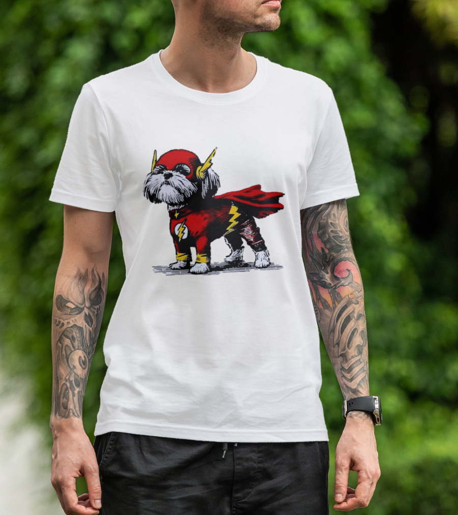 Shih Tzu Dog In The Flash Superhero Costume With Lightning Bolt T-Shirt