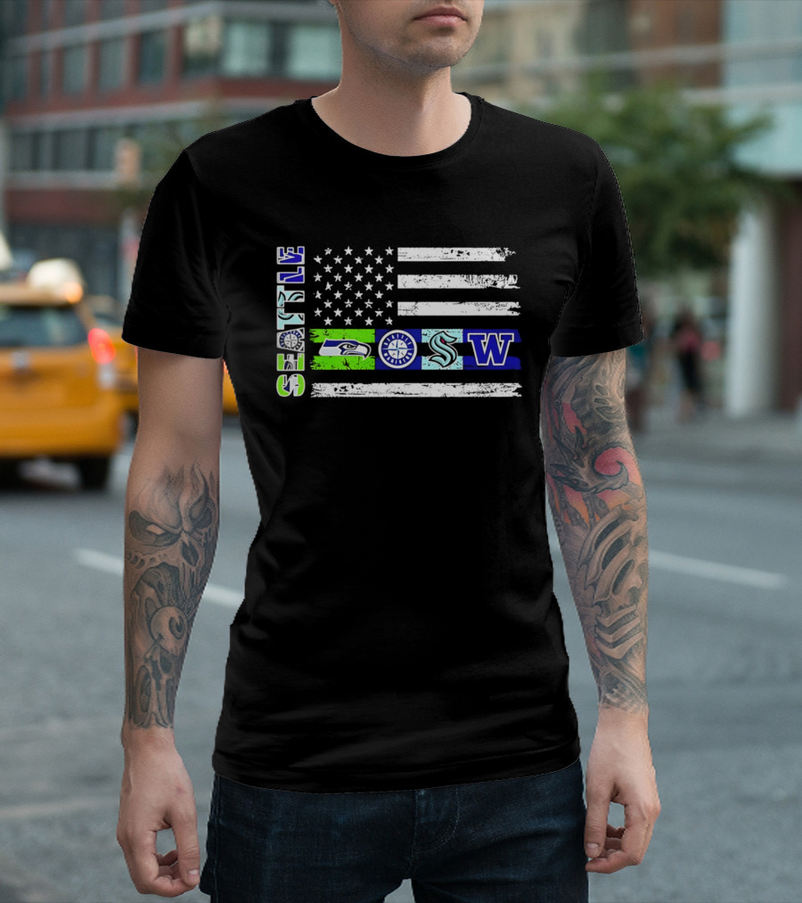 Seattle Seahawks Mariners Kraken Washington Flag T-Shirt