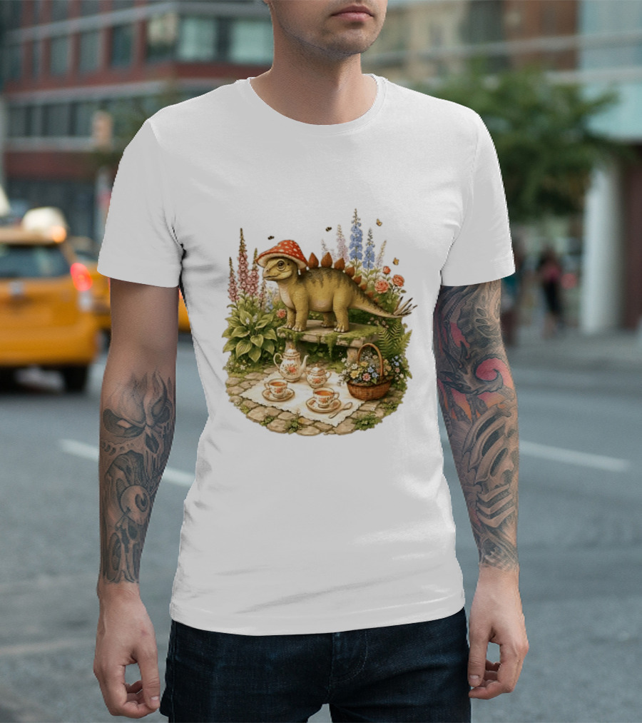 Baby Stegosaurus Wearing Red Mushroom Hat With Vintage Tea Party Garden Scene T-Shirt