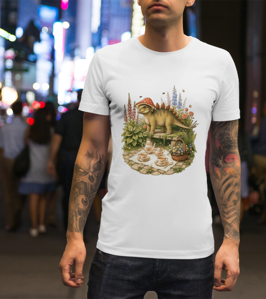 Baby Stegosaurus Wearing Red Mushroom Hat With Vintage Tea Party Garden Scene T-Shirt