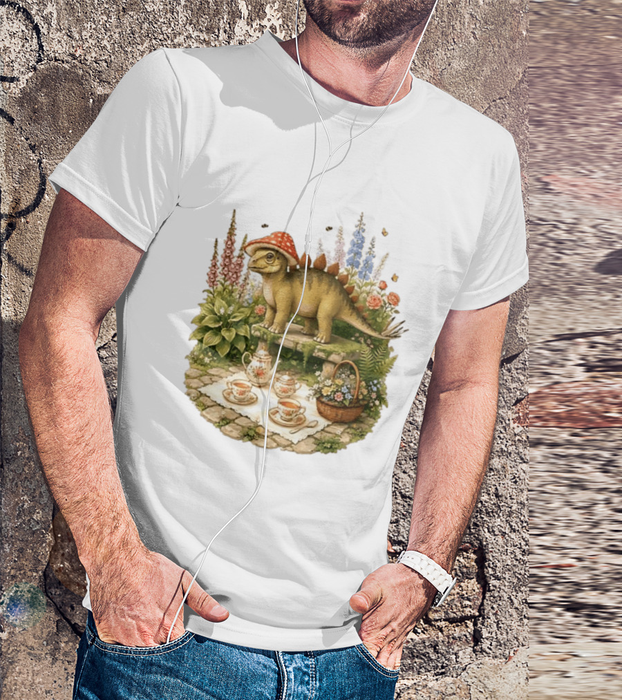 Baby Stegosaurus Wearing Red Mushroom Hat With Vintage Tea Party Garden Scene T-Shirt