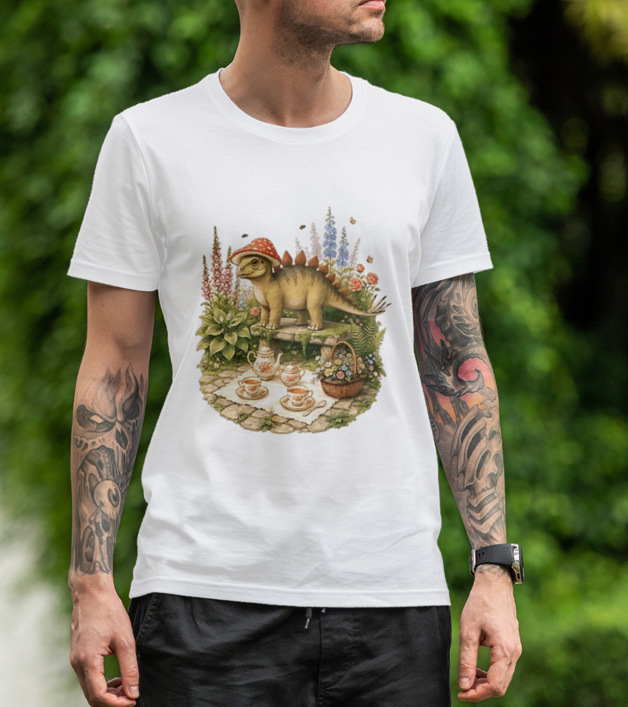Baby Stegosaurus Wearing Red Mushroom Hat With Vintage Tea Party Garden Scene T-Shirt