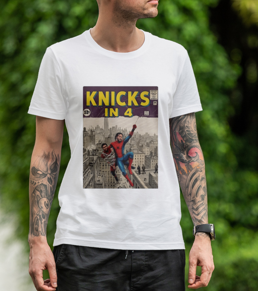 Knicks In 4 Comics Spider Man Derrick Rose Donovan Mitchell Basketball T-Shirt