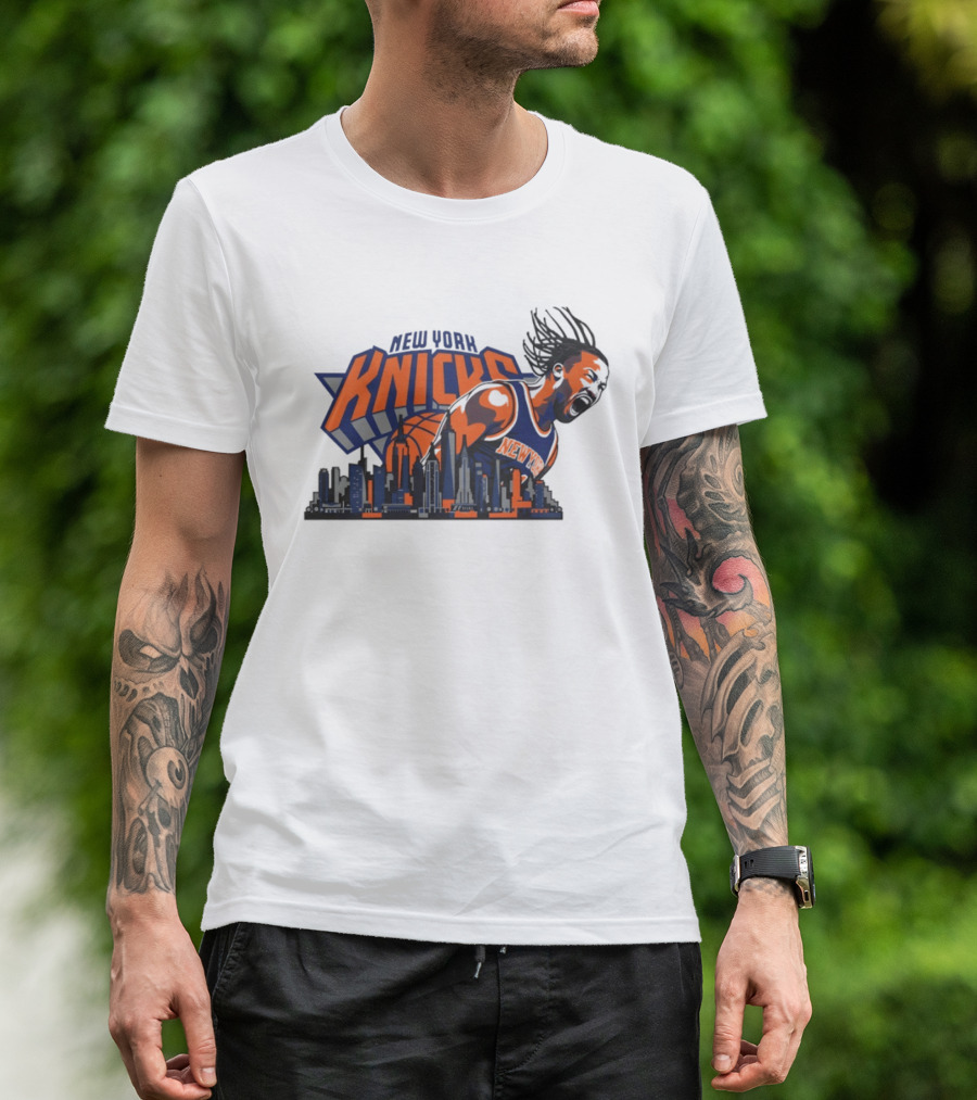 New York Knicks Jalen Brunson Skyline Celebration T-Shirt