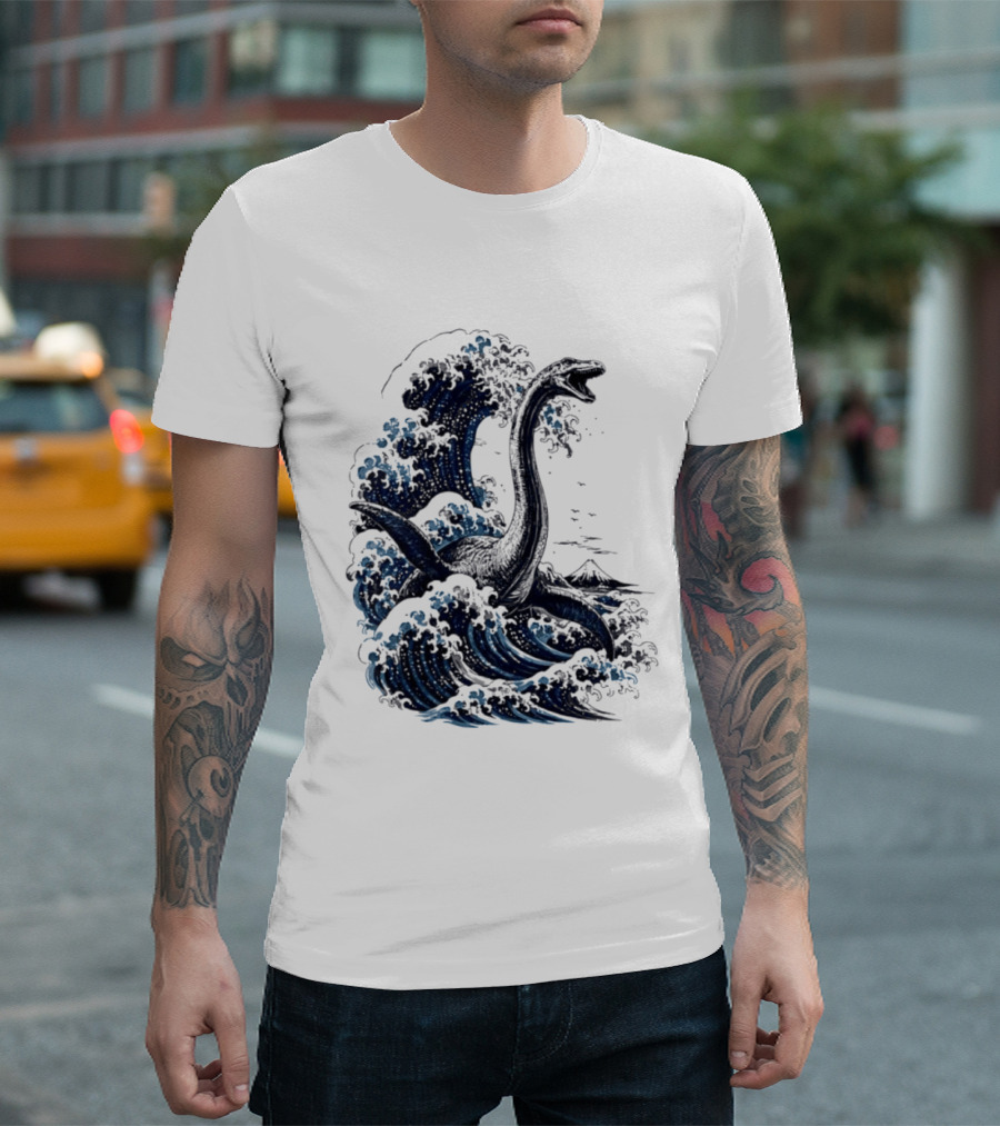 Great Wave Off Kanagawa Loch Ness Monster Mount Fuji Fusion T-Shirt