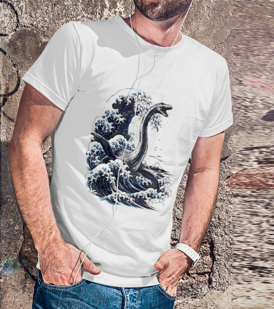 Great Wave Off Kanagawa Loch Ness Monster Mount Fuji Fusion T-Shirt