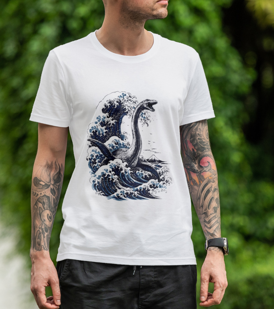 Great Wave Off Kanagawa Loch Ness Monster Mount Fuji Fusion T-Shirt