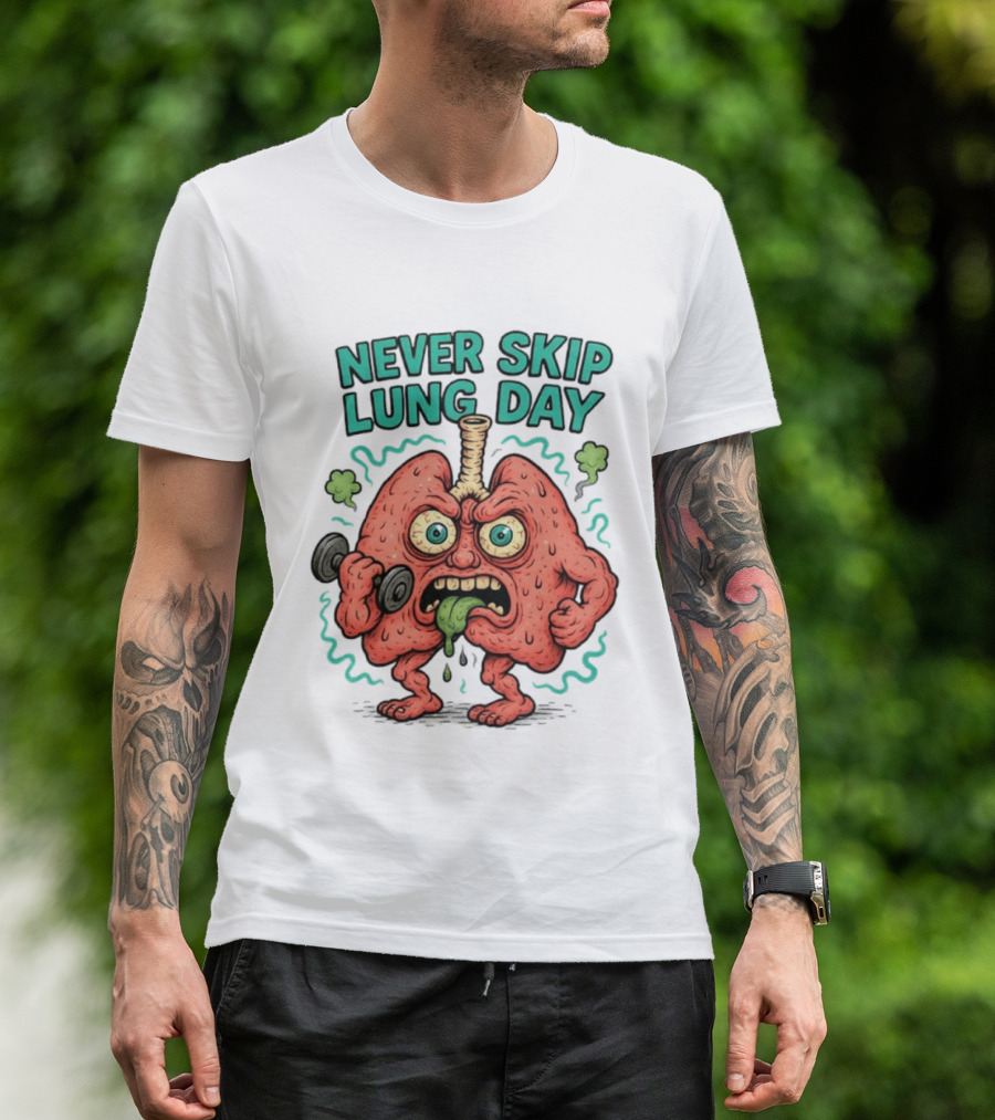 Never Skip Lung Day Funny Fitness Cartoon Lungs Lifting Weights T-Shirt