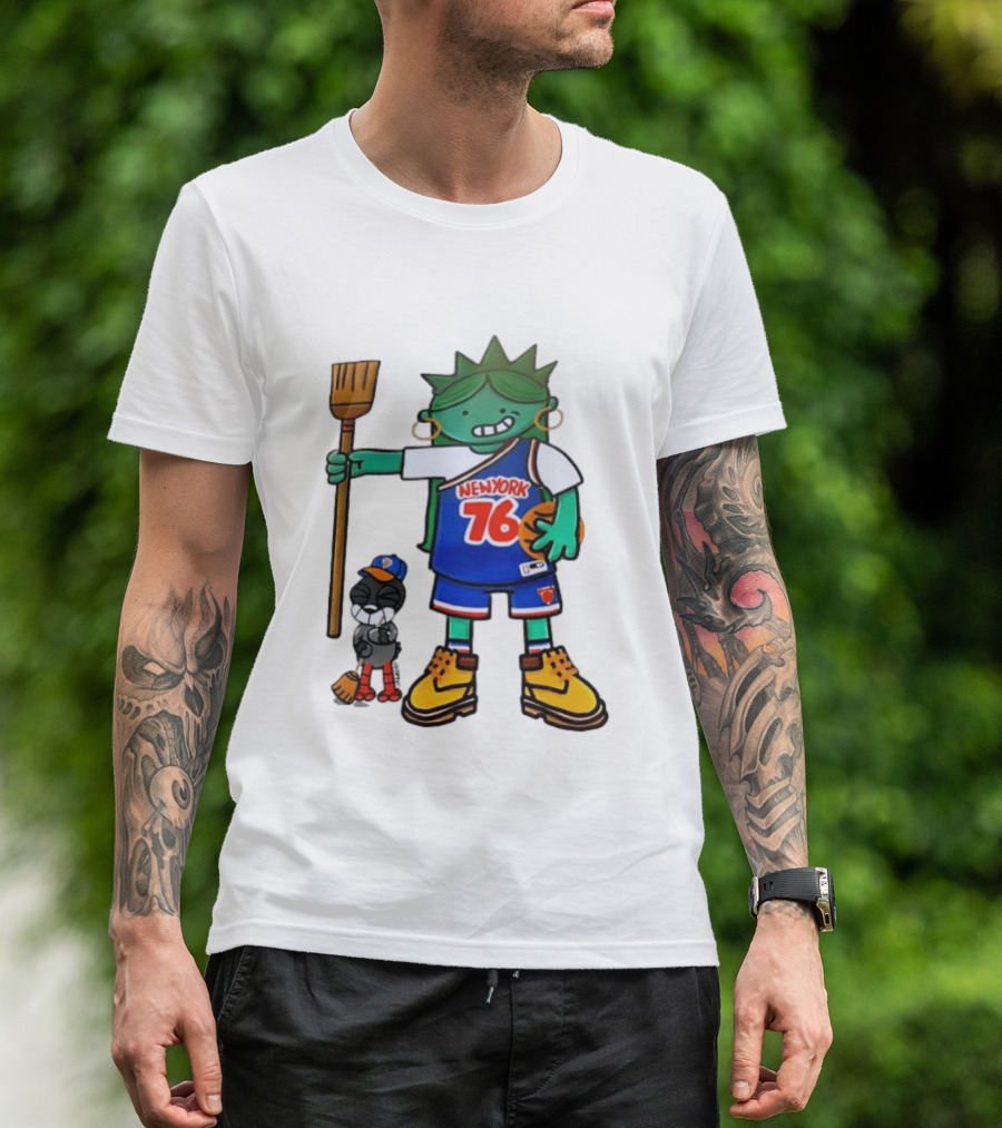 New York 76 Knicks Statue Liberty Broom Basketball 2024 T-Shirt