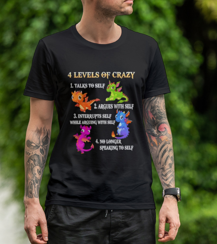 4 Levels Of Crazy Talks To Self Argues With Self Interrupts Self No Longer Speaking With Colorful Dragons T-Shirt