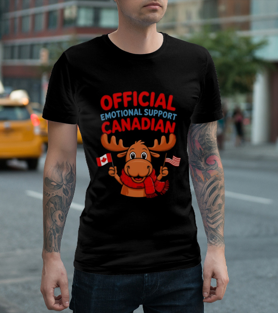 Official Emotional Support Canadian Moose With Canadian And American Flags T-Shirt