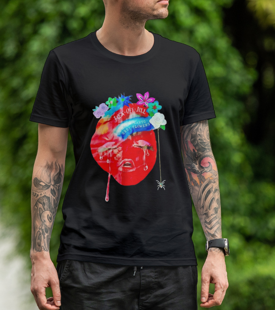 Jack Off Jill Clear Hearts Grey Flowers Crying Face With Colorful Floral Accents T-Shirt