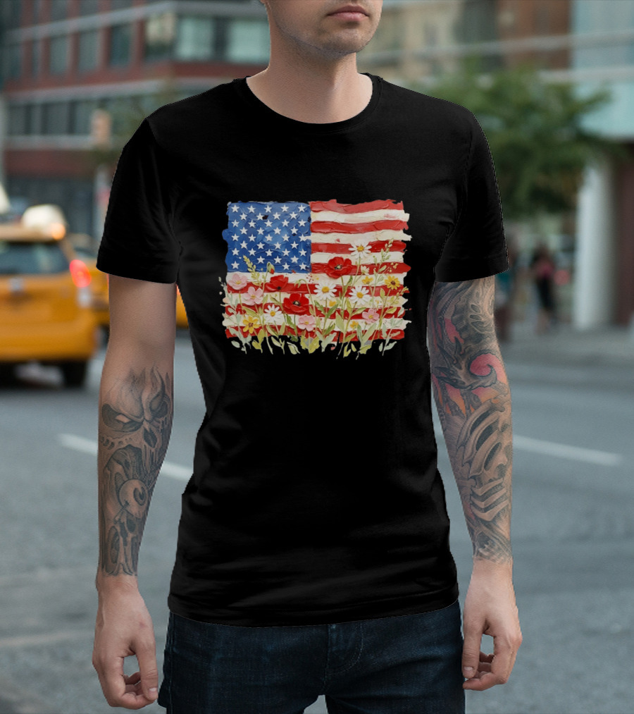 Floral American Flag With Impasto Texture And Flowers T-Shirt