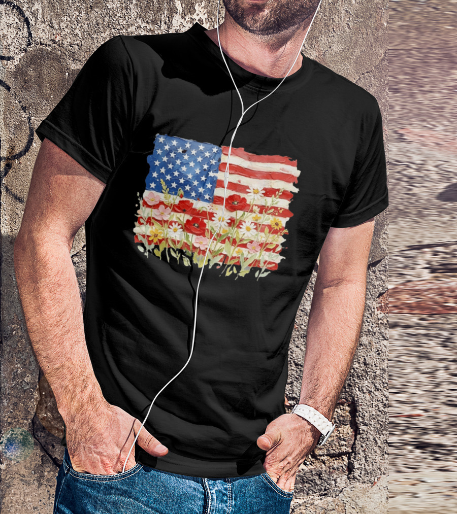 Floral American Flag With Impasto Texture And Flowers T-Shirt