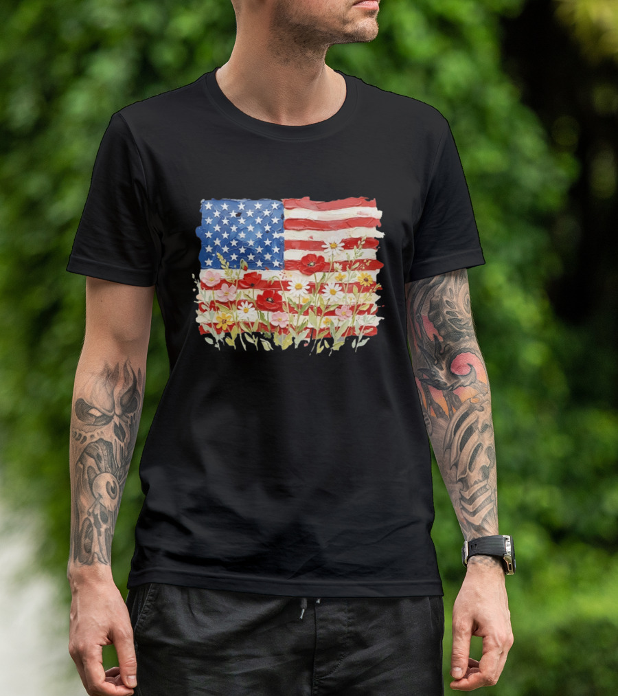 Floral American Flag With Impasto Texture And Flowers T-Shirt