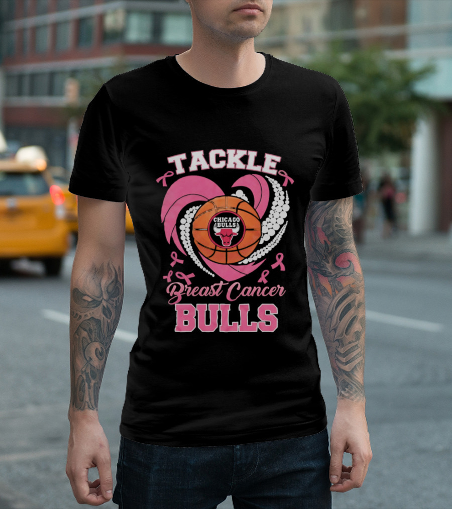 Tackle Breast Cancer Bulls Heart Pink Ribbons T-Shirt