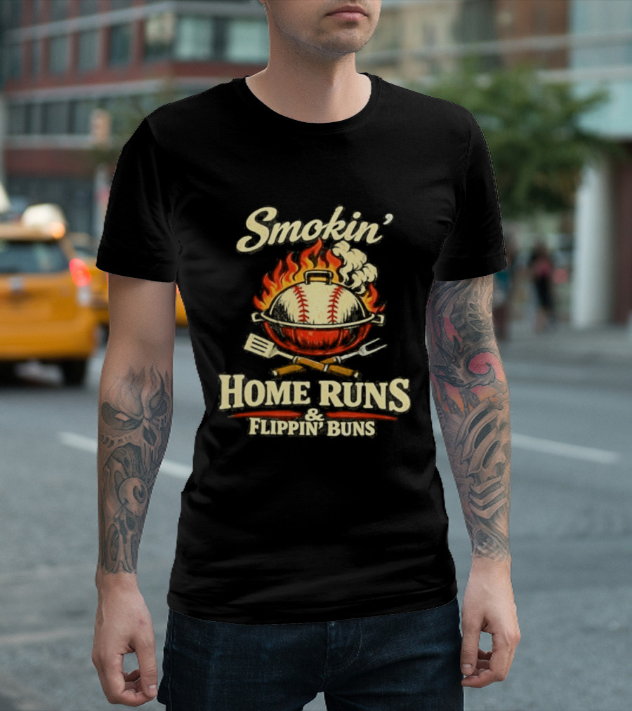 Smokin Home Runs Flippin Buns Baseball Grill Flame T-Shirt