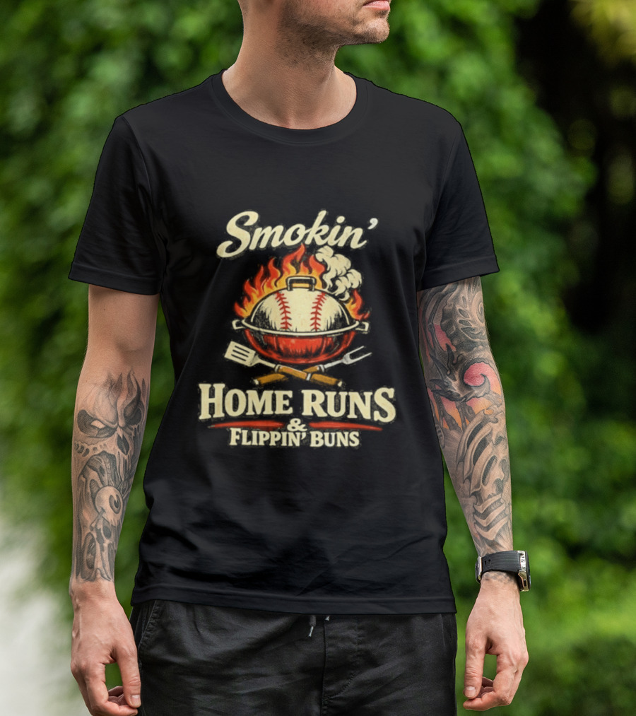 Smokin Home Runs Flippin Buns Baseball Grill Flame T-Shirt