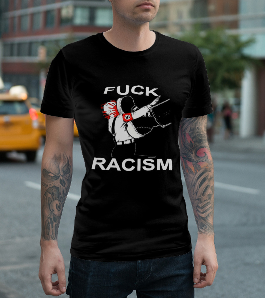 Fuck Racism Kicking On Fascist Silhouette With Red Paint Splatters T-Shirt