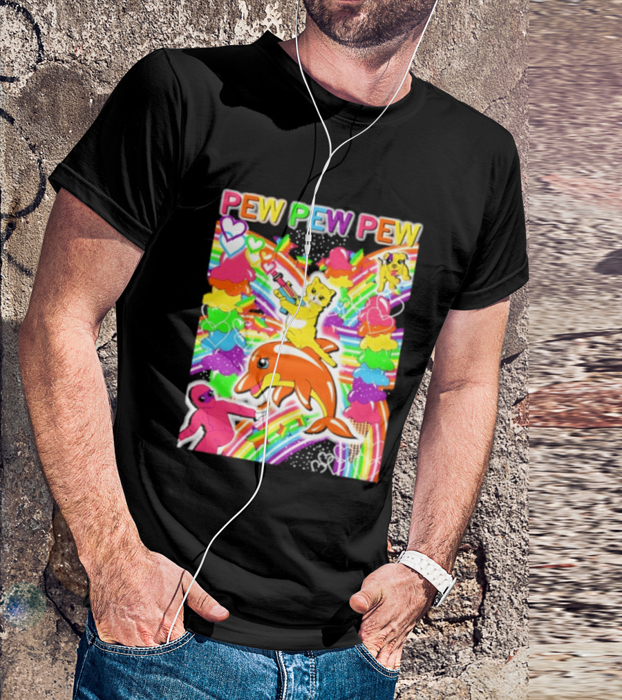 Pew Pew Pew Rainbow Pride Fun With Colorful Dolphins And Hearts T-Shirt