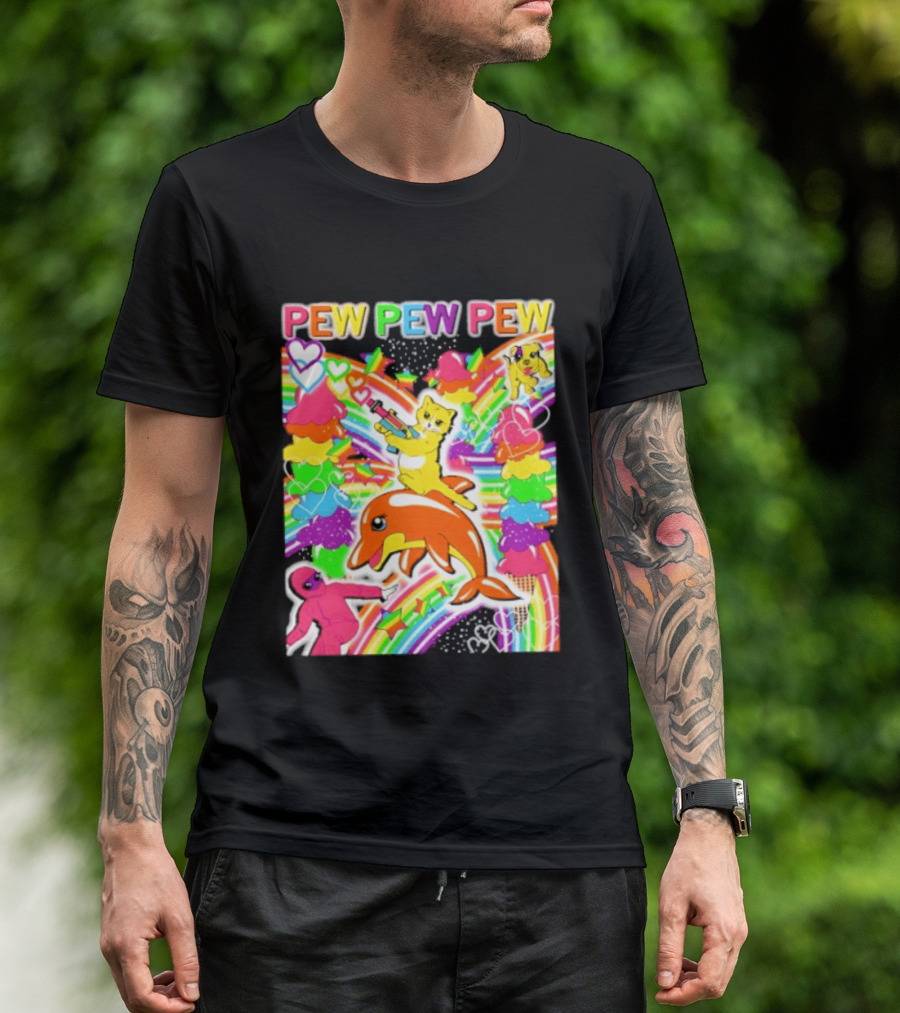 Pew Pew Pew Rainbow Pride Fun With Colorful Dolphins And Hearts T-Shirt