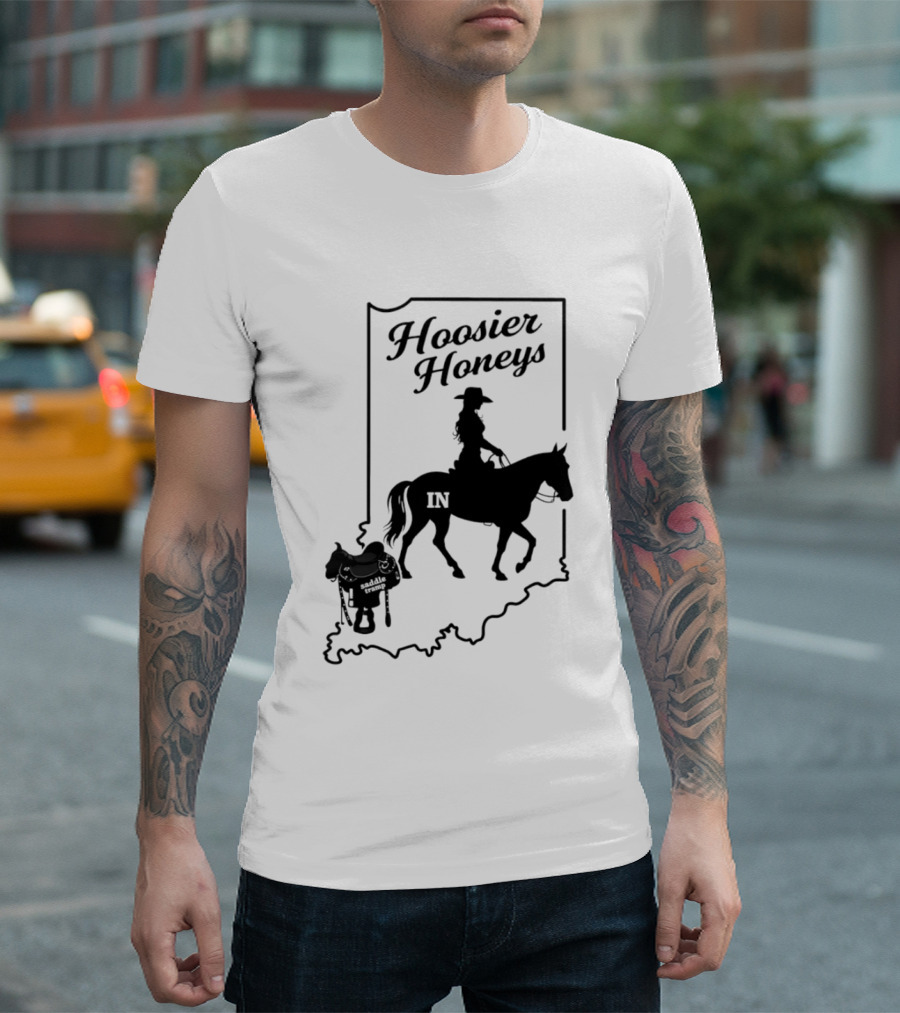 Hoosier Honeys Saddle Tramp Indiana State Map IN Horseback T-Shirt