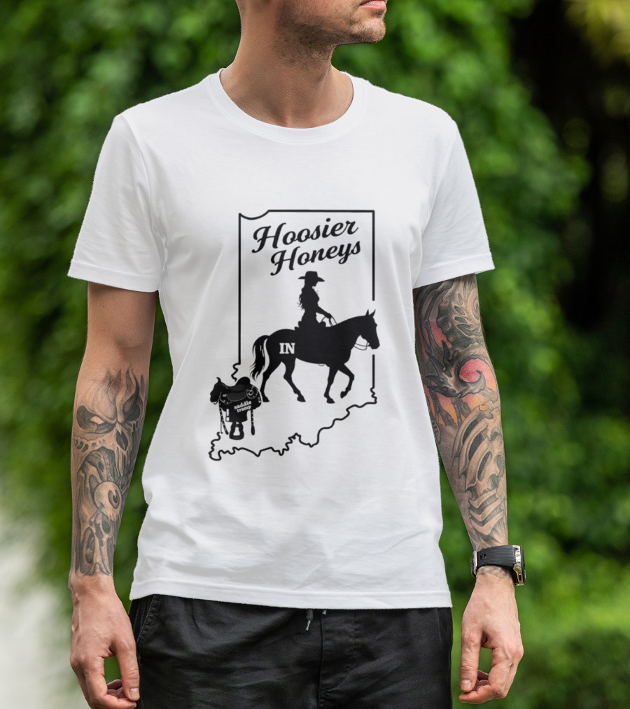 Hoosier Honeys Saddle Tramp Indiana State Map IN Horseback T-Shirt