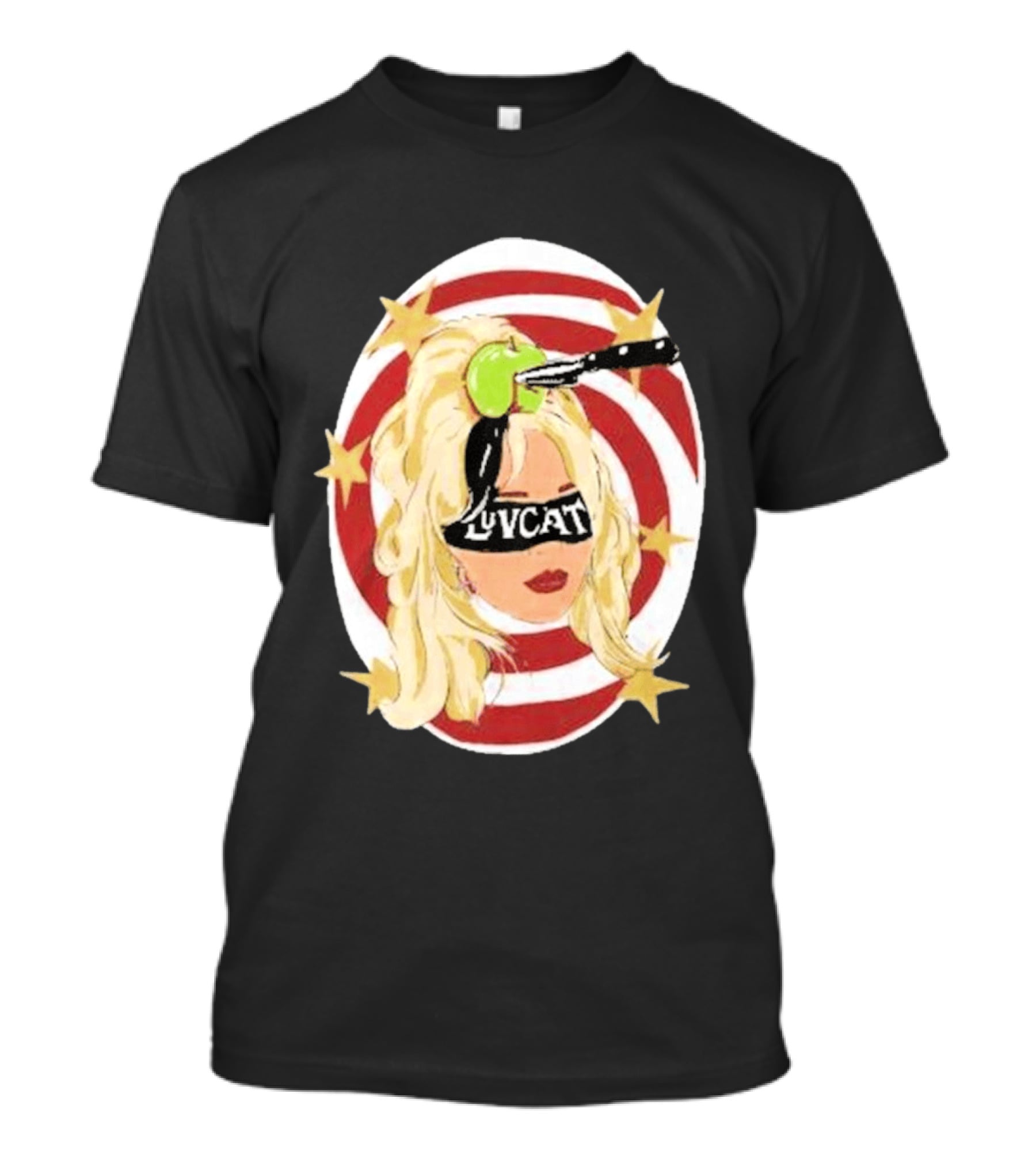 Luvcat Blonde Woman Bullseye Knife Apple Starburst T-Shirt