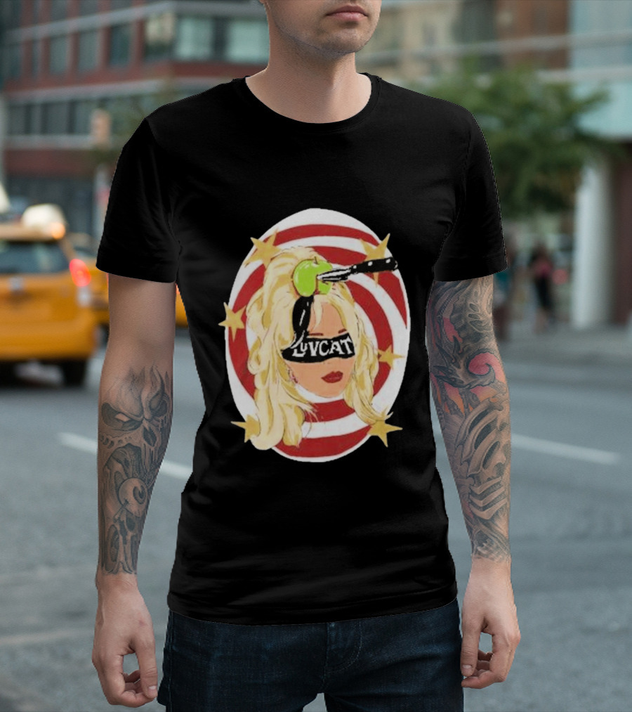 Luvcat Blonde Woman Bullseye Knife Apple Starburst T-Shirt