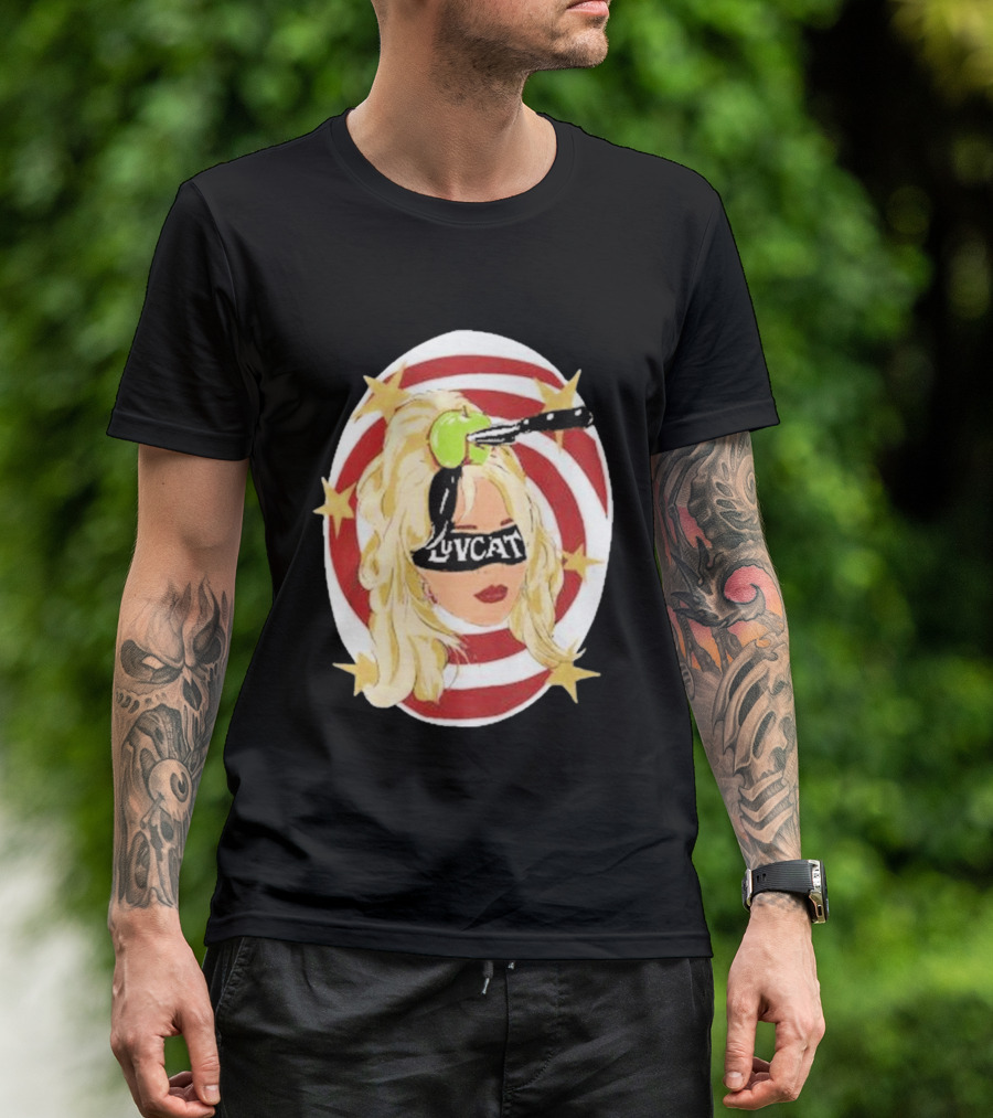 Luvcat Blonde Woman Bullseye Knife Apple Starburst T-Shirt
