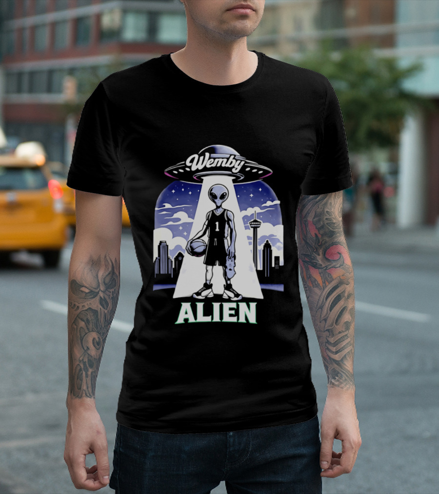 Wemby Alien Basketball UFO Skyline T-Shirt