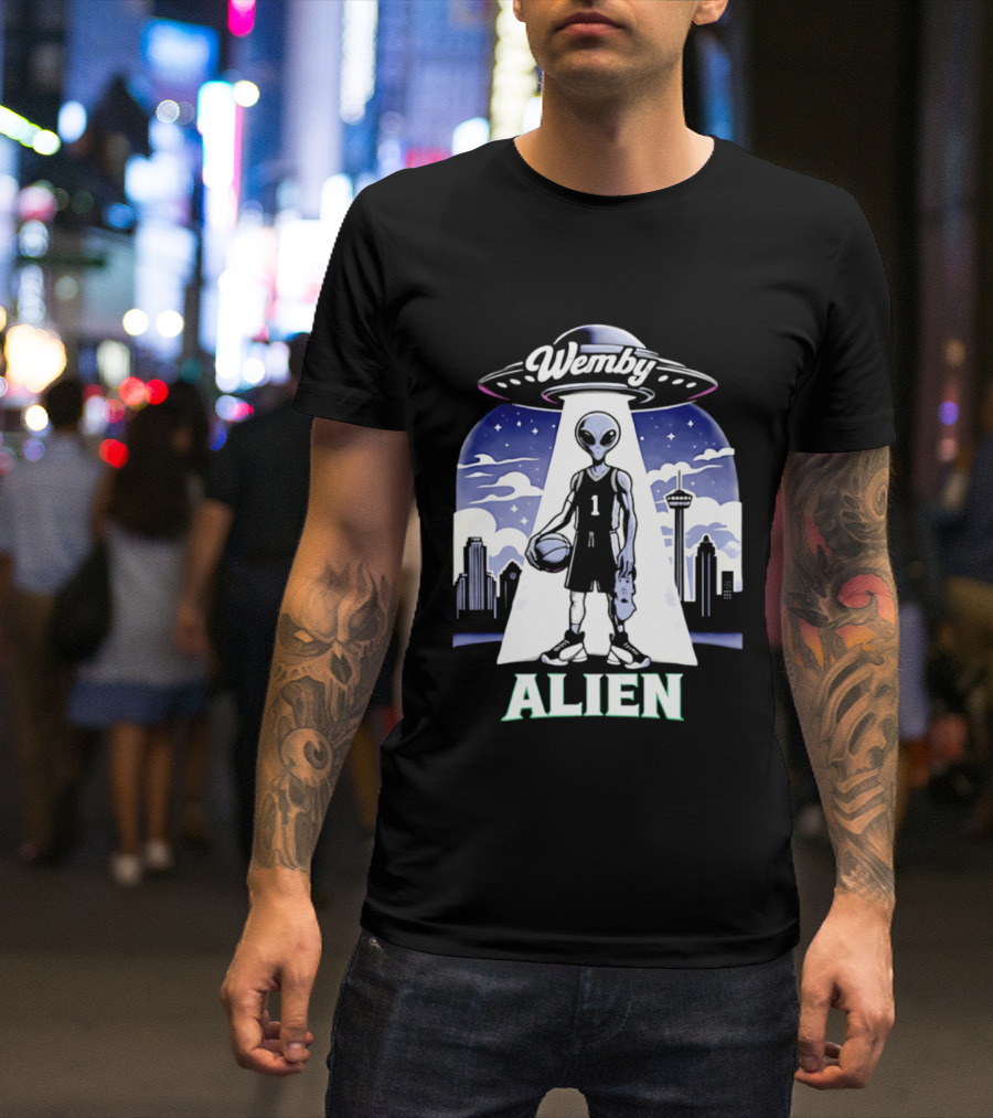 Wemby Alien Basketball UFO Skyline T-Shirt
