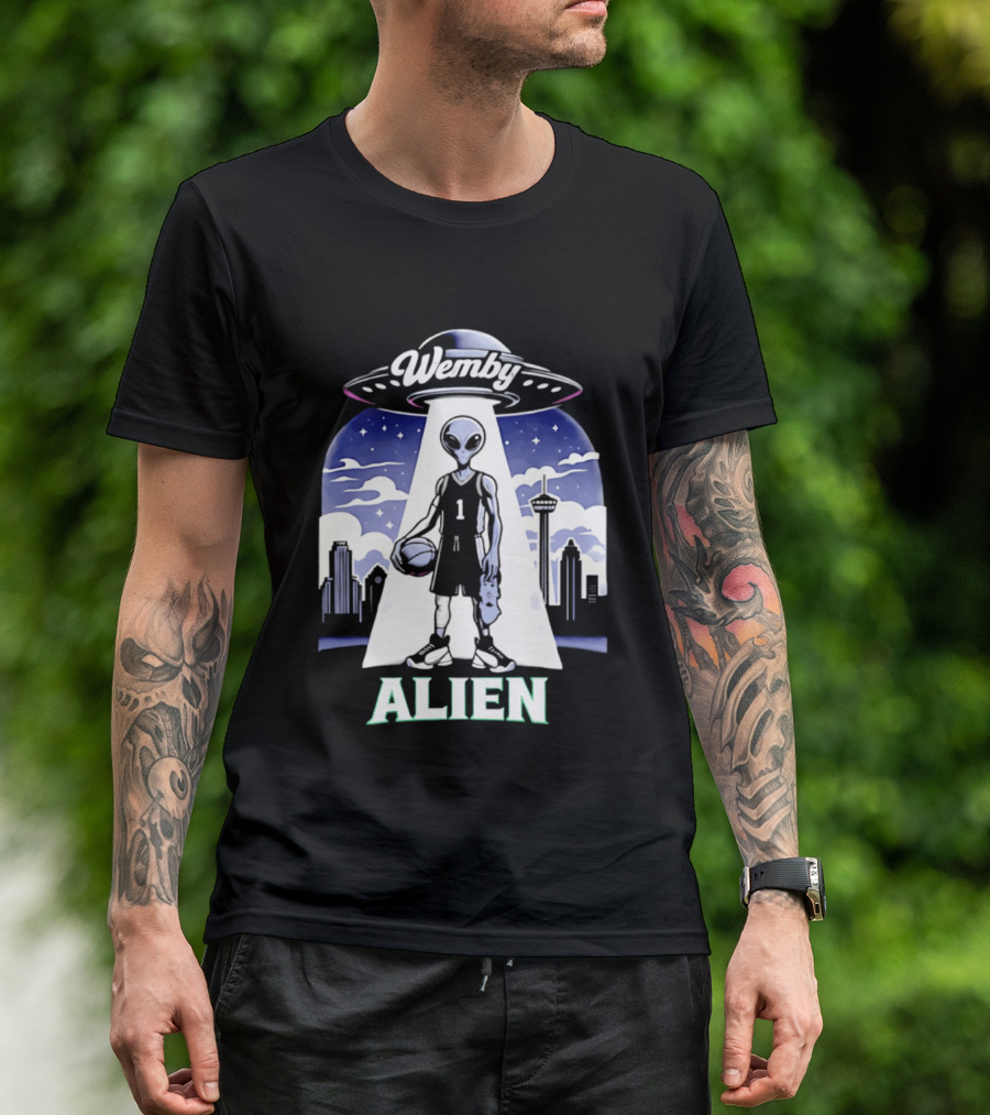Wemby Alien Basketball UFO Skyline T-Shirt