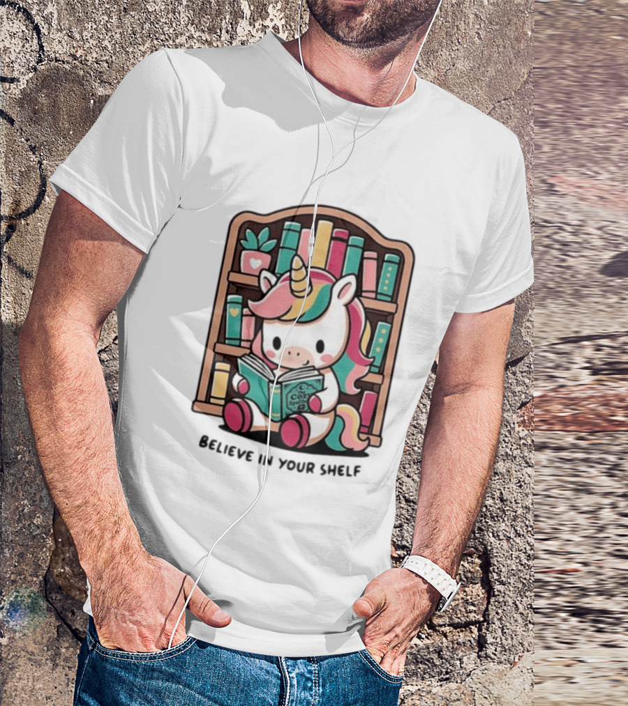 Unicorn Reading Believe In Your Shelf Bookshelf Magic T-Shirt
