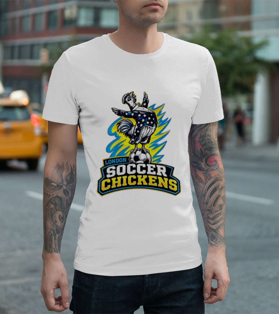 London Soccer Chickens Rooster On Soccer Ball With Stars And Stripes T-Shirt