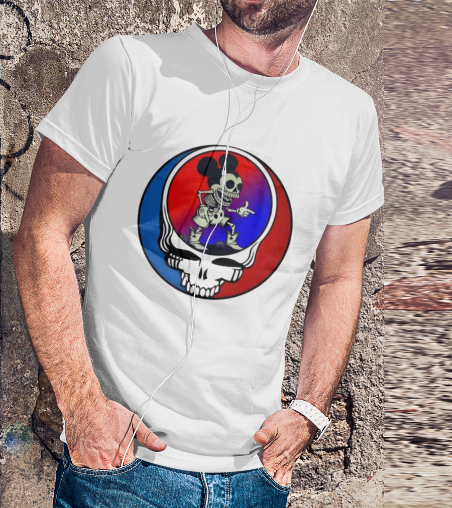 Mickey Mouse Skeleton With Grateful Dead Skull And Roses T-Shirt