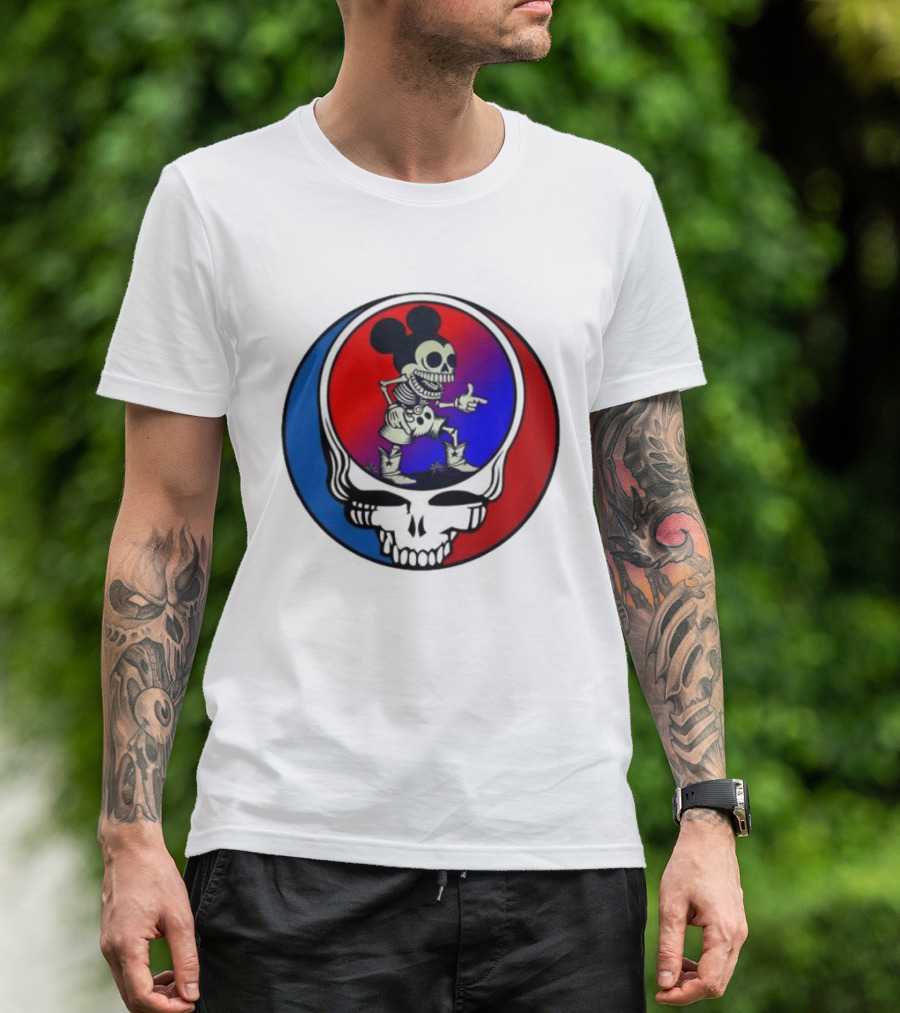 Mickey Mouse Skeleton With Grateful Dead Skull And Roses T-Shirt