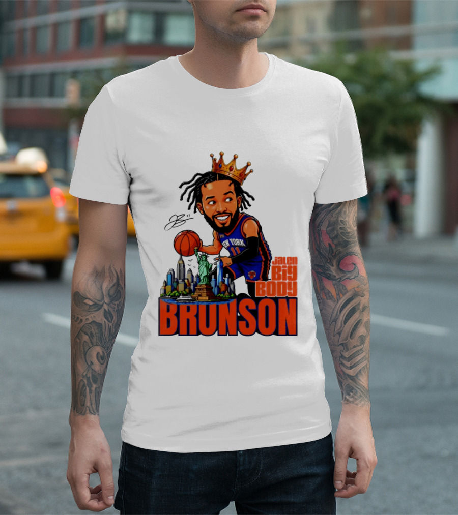 Jalen Brunson King Of NY Caricature With Statue Of Liberty And New York Skyline T-Shirt