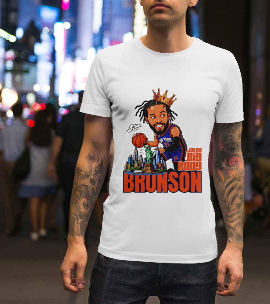 Jalen Brunson King Of NY Caricature With Statue Of Liberty And New York Skyline T-Shirt