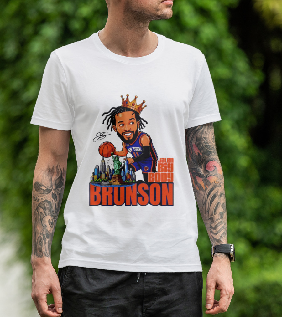 Jalen Brunson King Of NY Caricature With Statue Of Liberty And New York Skyline T-Shirt
