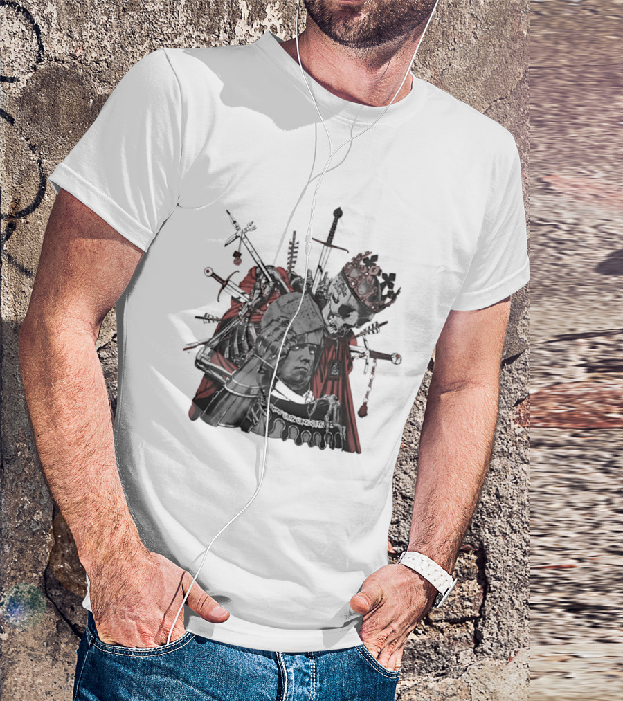 Memento Mori Skeleton King With Medieval Crown Swords And Halberd T-Shirt