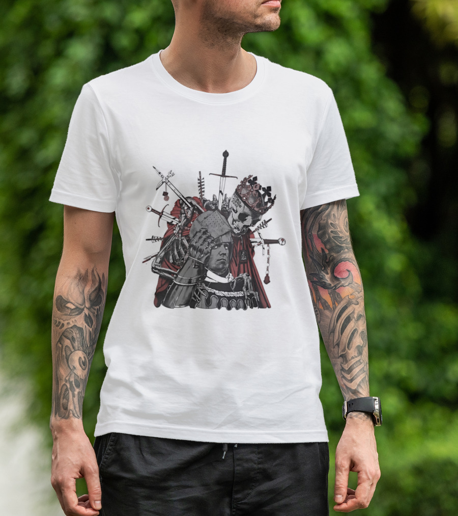 Memento Mori Skeleton King With Medieval Crown Swords And Halberd T-Shirt