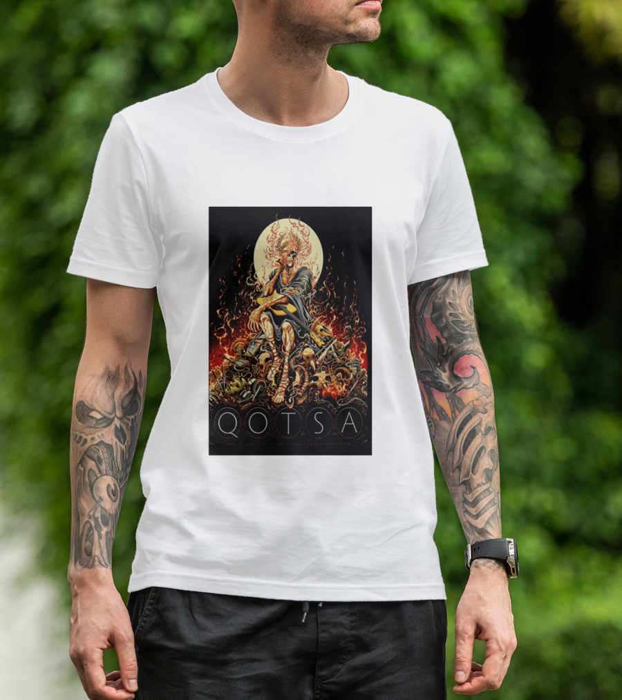 QOTSA April 8 2024 Calgary Communities Centre Flaming Skeleton Throne T-Shirt