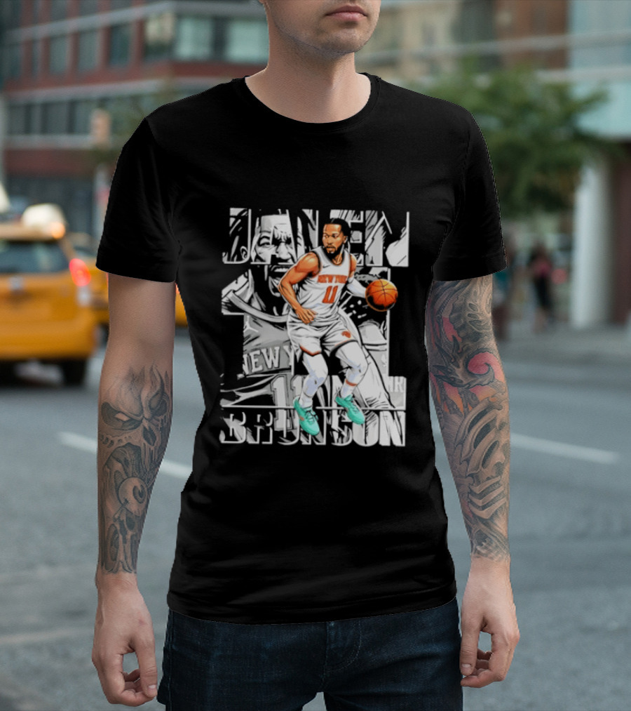 Jalen Brunson New York Number 11 Basketball Player Dribbling Action T-Shirt