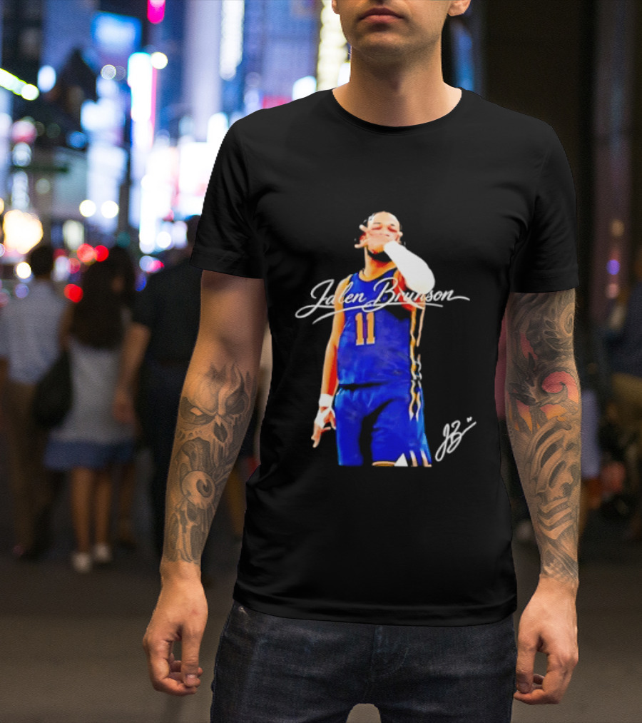 Jalen Brunson 11 Signature Gesture Basketball Blue Uniform T-Shirt