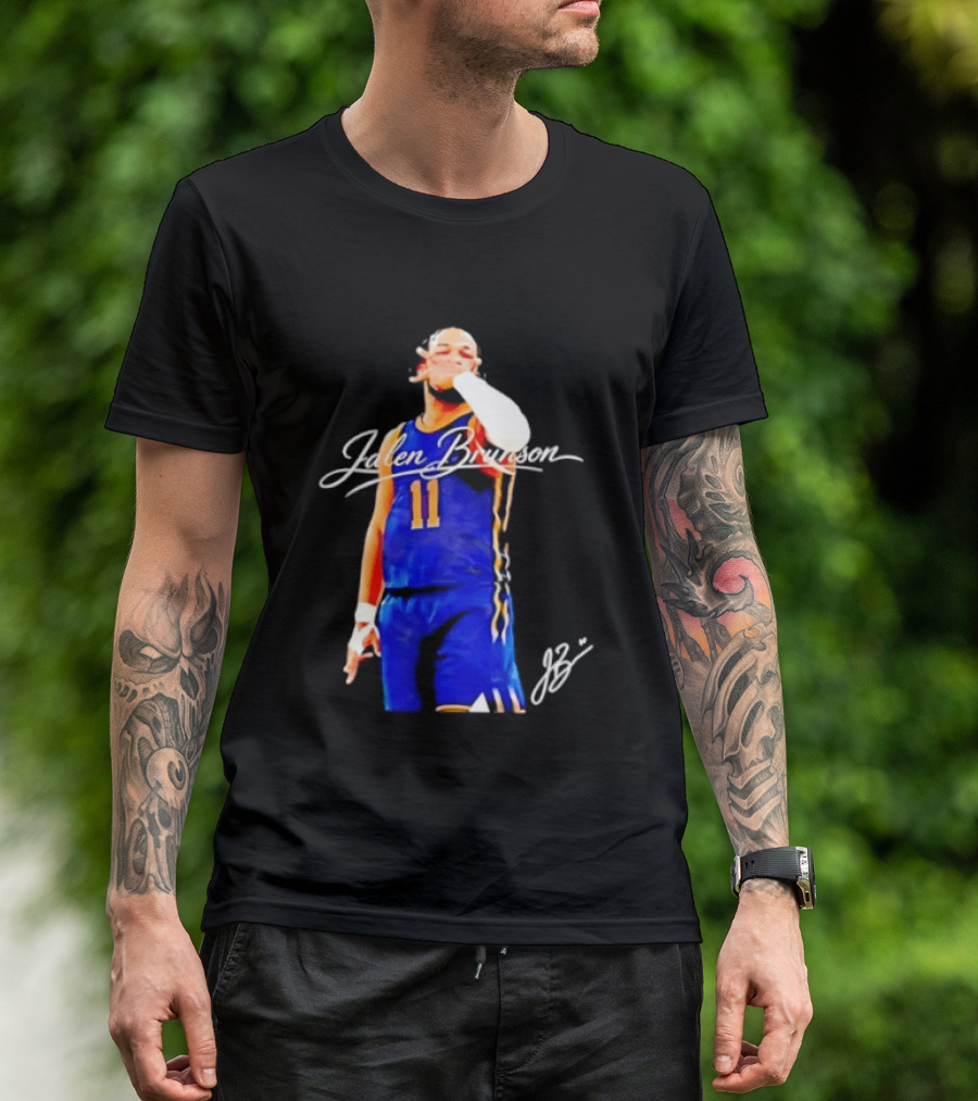 Jalen Brunson 11 Signature Gesture Basketball Blue Uniform T-Shirt