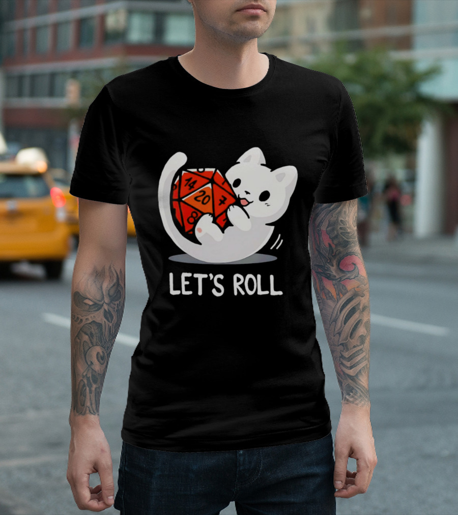 Let's Roll Cat Holding 20 Sided Die Dungeons And Dragons T-Shirt