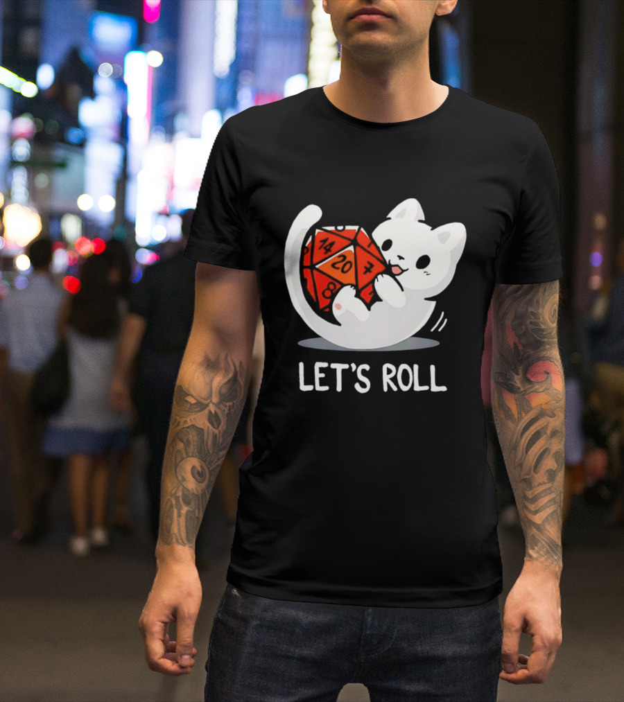 Let's Roll Cat Holding 20 Sided Die Dungeons And Dragons T-Shirt