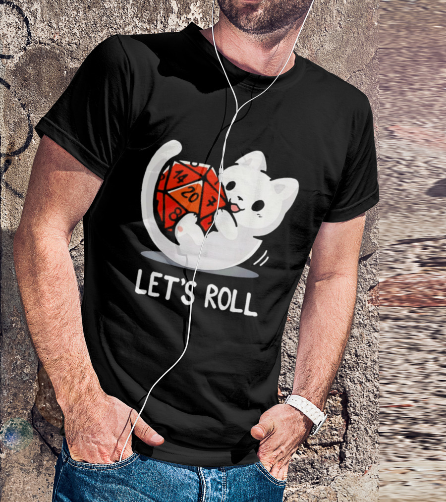 Let's Roll Cat Holding 20 Sided Die Dungeons And Dragons T-Shirt