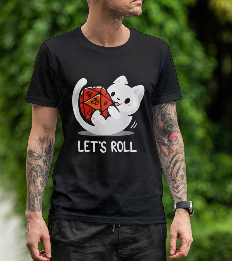 Let's Roll Cat Holding 20 Sided Die Dungeons And Dragons T-Shirt
